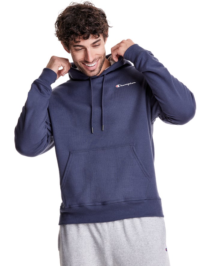 Champion Herre Hættetrøje Blå - Powerblend Fleece Script Logo - Danmark KQY-965823